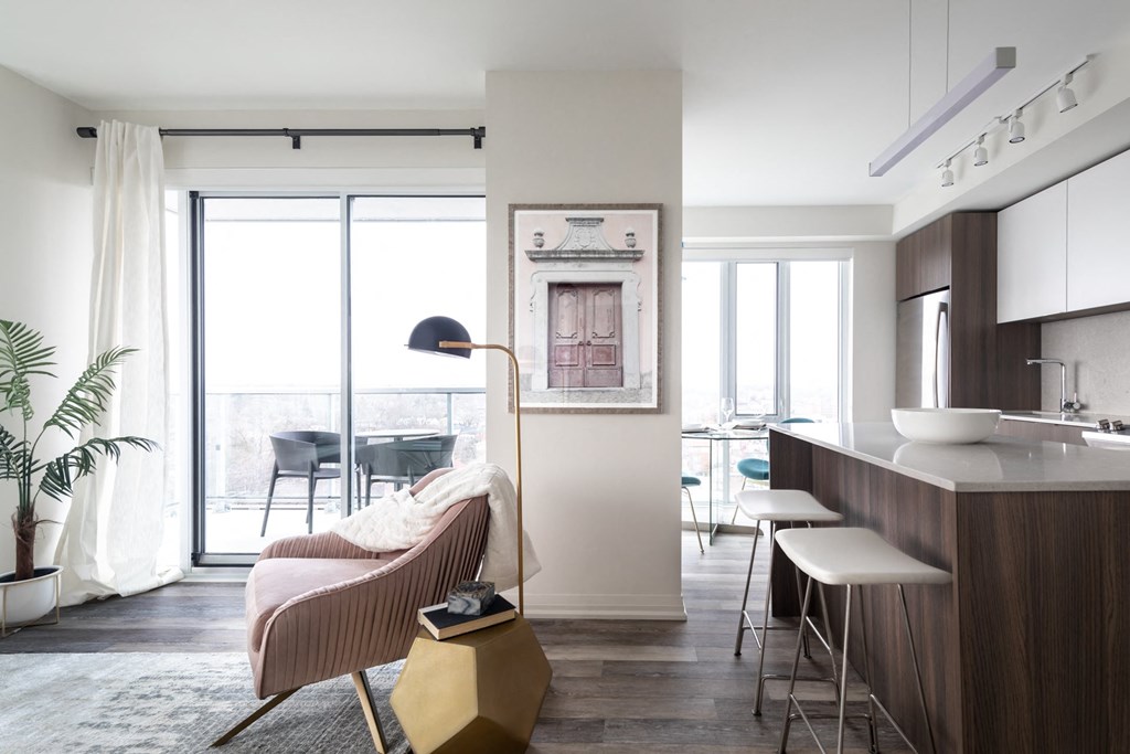 a living room and kitchen in an apartment