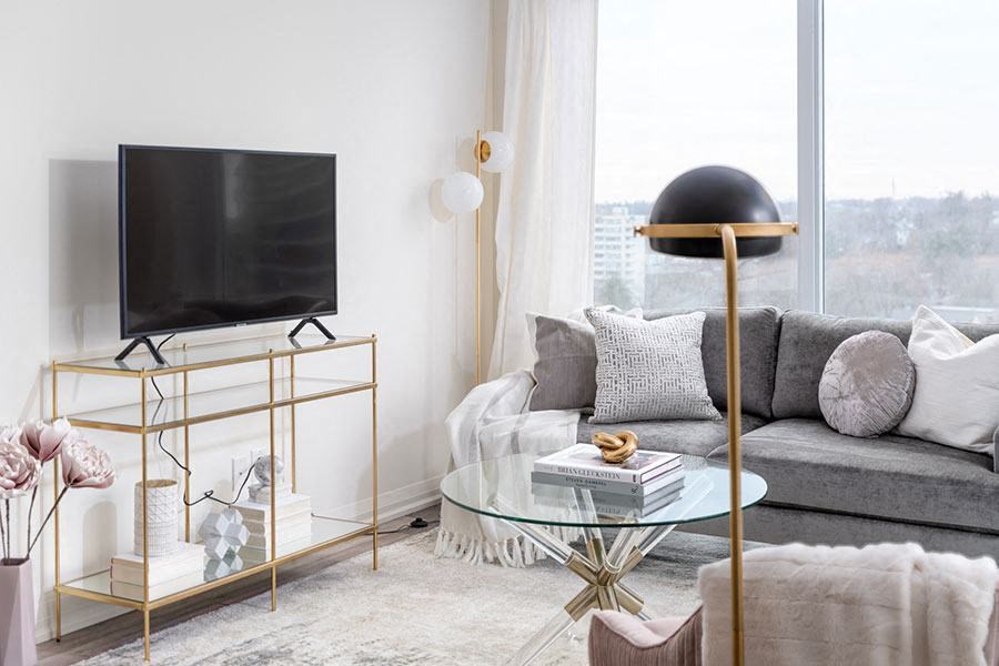 a living room with a couch and a television