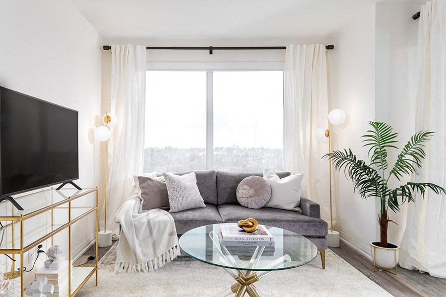 a living room with a couch and a television