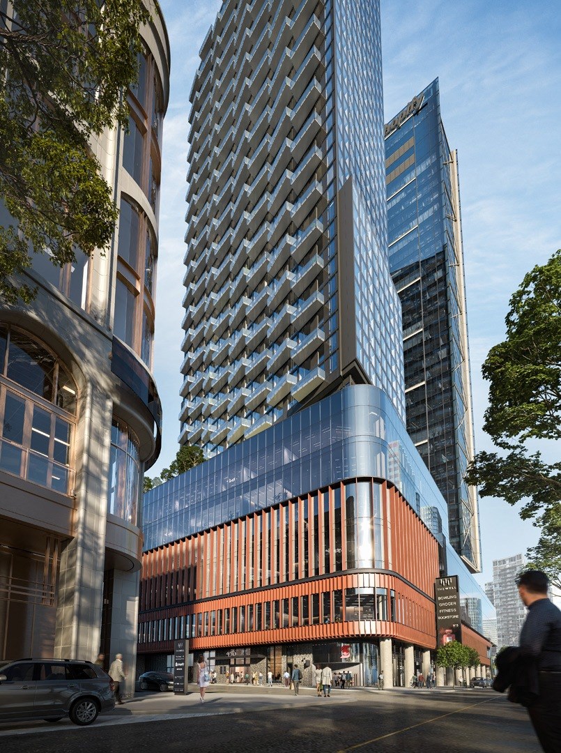 a rendering of a tall building on a city street