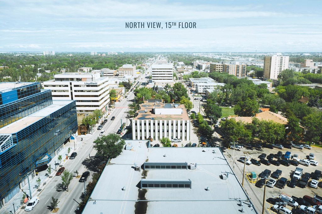 a view of the city from the top of a building