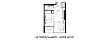 A floor plan of an apartment with a balcony and a note at the bottom stating "NO CURRENT AVAILABILITY | JOIN THE WAITLIST".