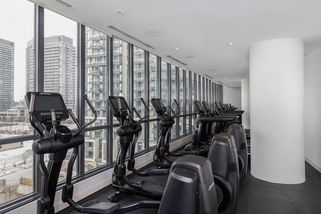 A row of treadmills in a gym with a view of the city outside the window.