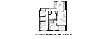 A black and white image of a floor plan for a house with a kitchen, living room, two bedrooms, and a terrace.