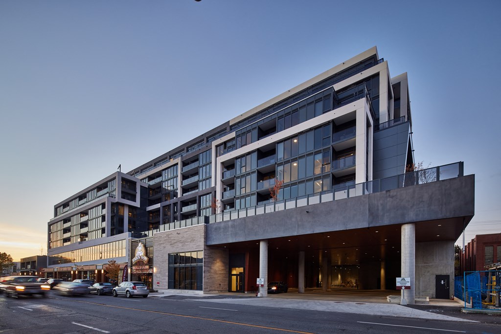 main view of the office building at dusk