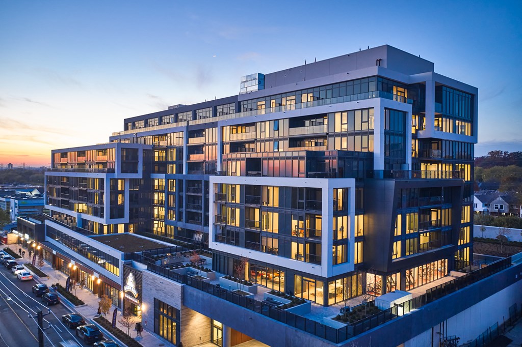an aerial view of an office building at dusk