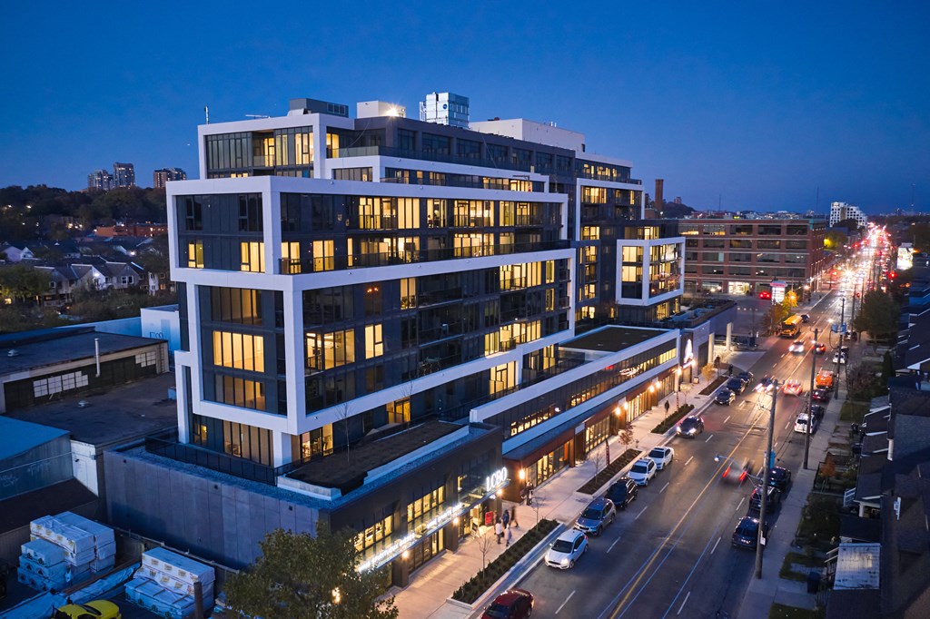 an aerial view of an office building at night