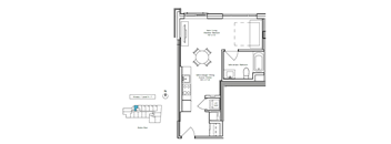 A floor plan of a house with a living room, kitchen, and bathroom.