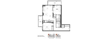 A floor plan of an apartment with a kitchen, living room, and bedrooms.