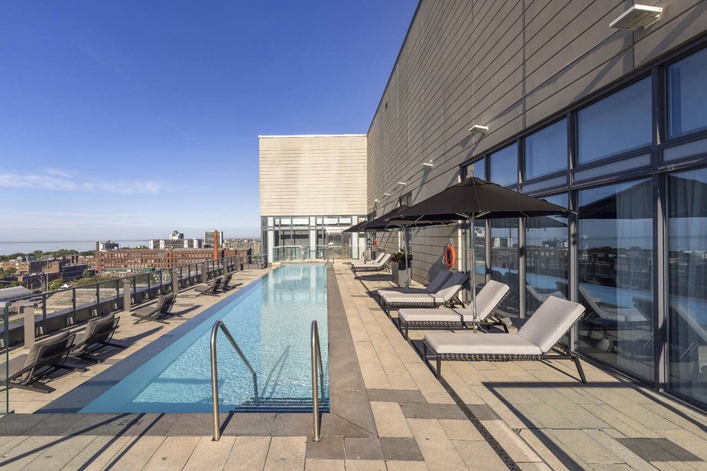 the pool on the rooftop of the building
