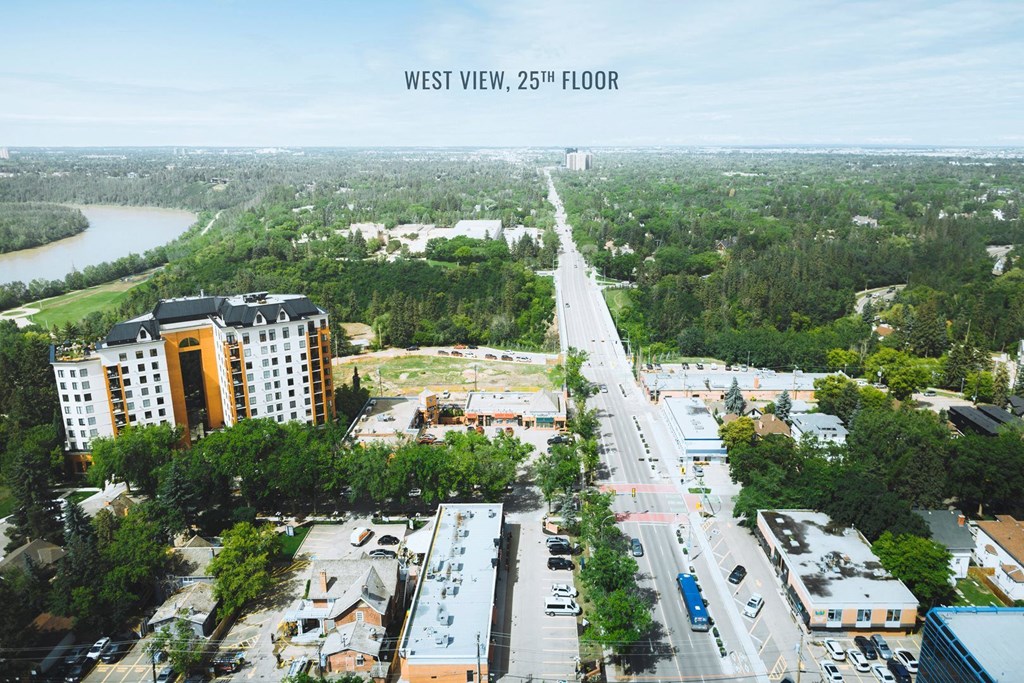 an aerial view of a city street with buildings and trees