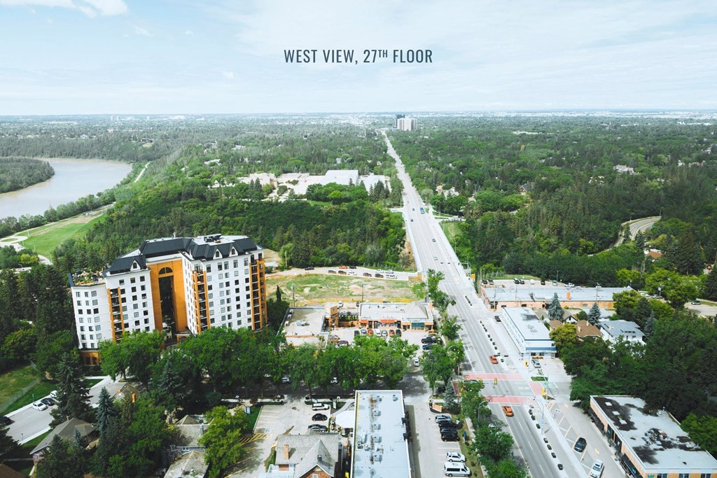 an aerial view of the city of west view and the river