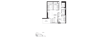 A black and white image of a floor plan for a house with a balcony and two bedrooms.