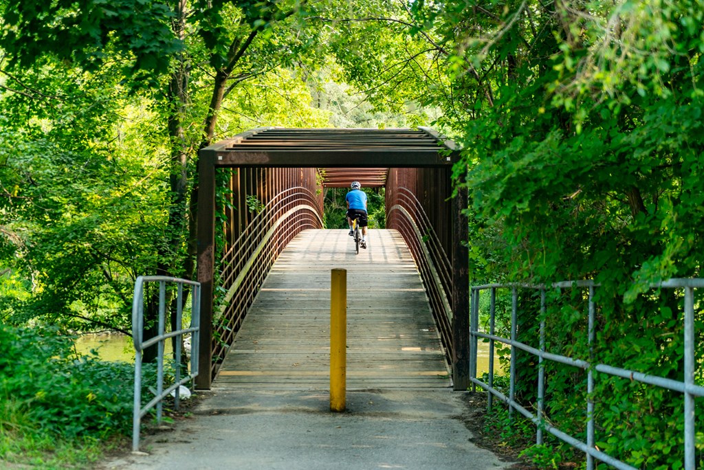 a person riding a bike across a bridge