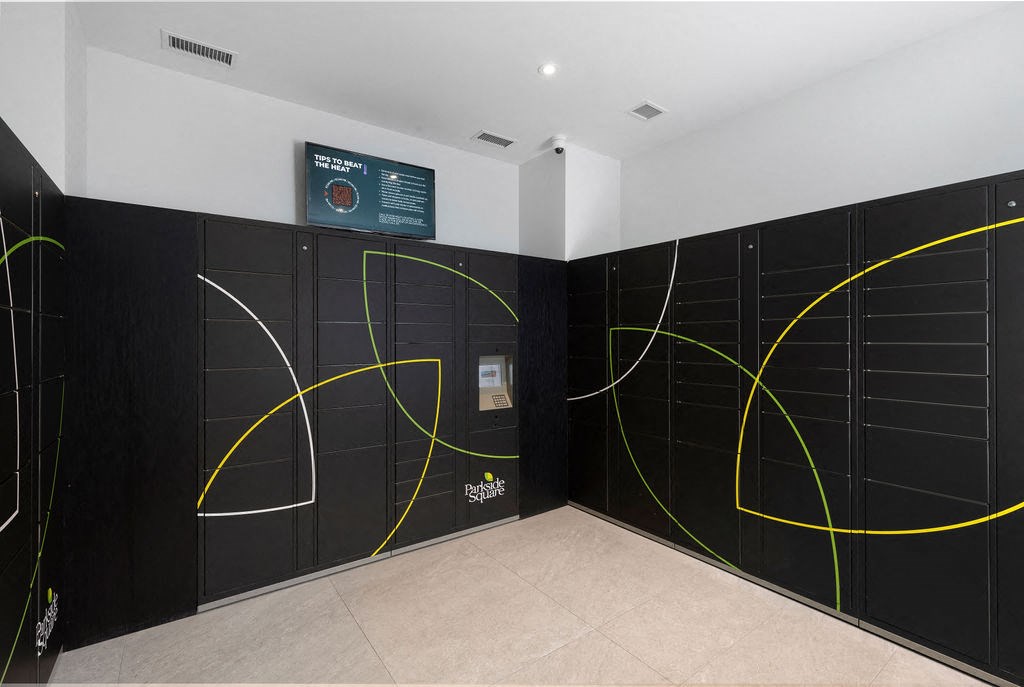 A black and yellow room with a sign on the wall.