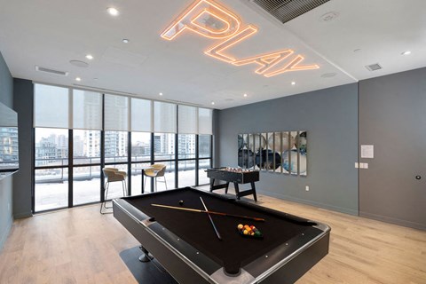 A pool table with the word