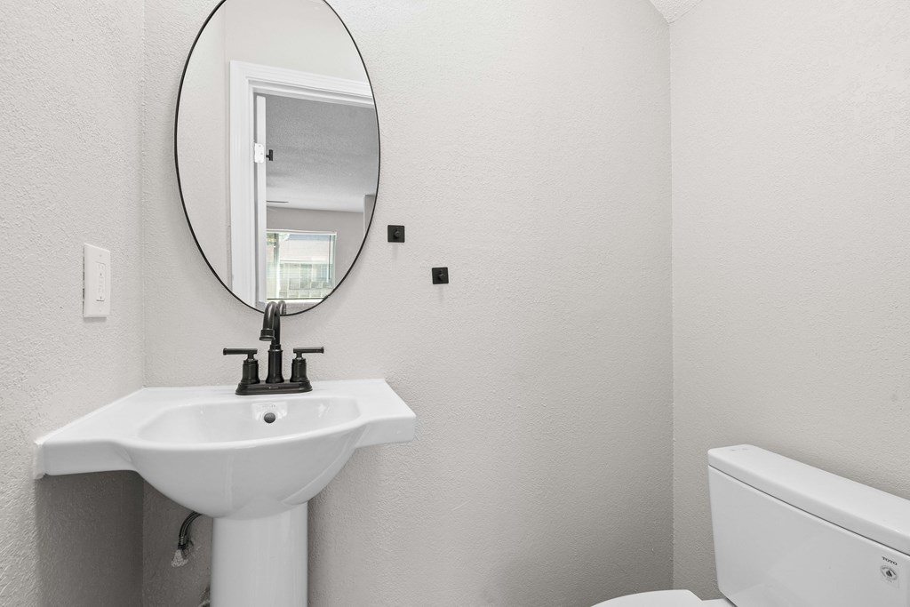 a bathroom with a sink and a mirror and a toilet