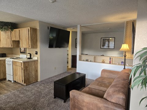 A living room with a brown couch and a black coffee table.