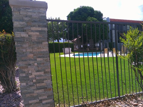 A black metal fence surrounds a grassy area with a pool in the background.