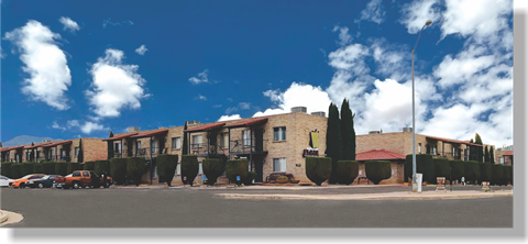 A row of houses with trees in front of them.