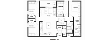 A black and white image of a 4 bedroom 2 bath house plan.