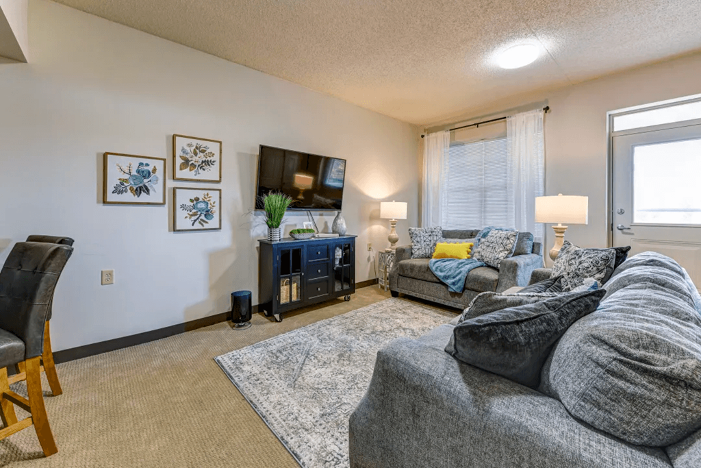 a living room with a couch and a tv
