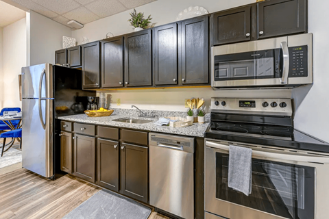 a kitchen with stainless steel appliances and black cabinets