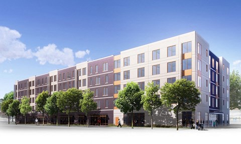 a rendering of a building with trees in front of it