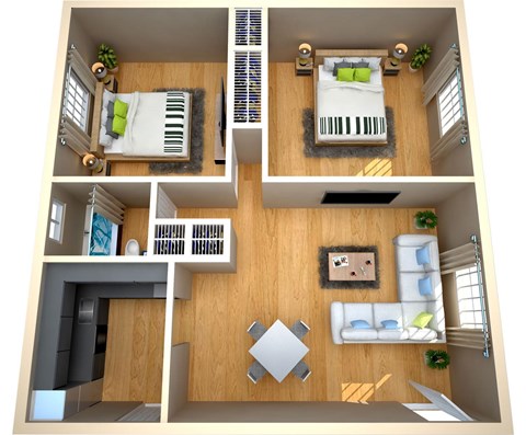 A 3D floor plan of a house with a piano in the living room.