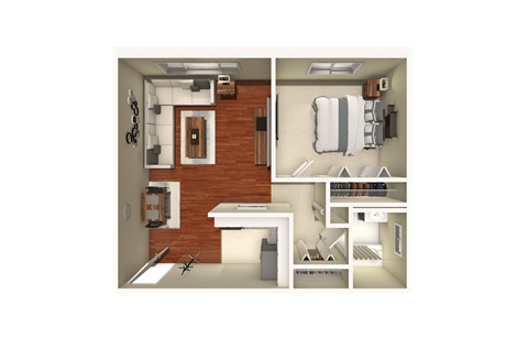 A series of images showing a room with a kitchen, living room, and bathroom.