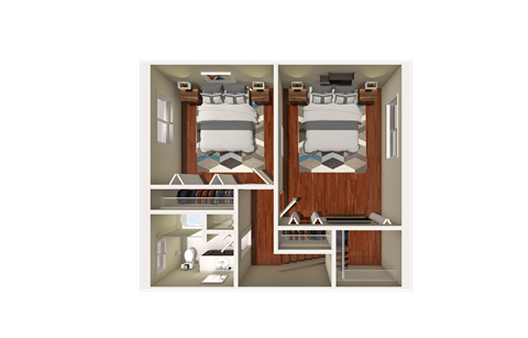 A diagram shows a layout of a small house with two bedrooms and a living area.
