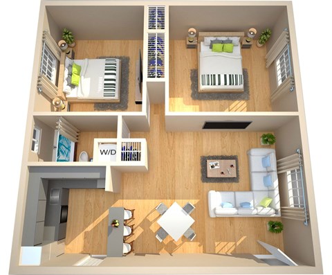 A 3D floor plan of a house with a kitchen, living room, and two bedrooms.