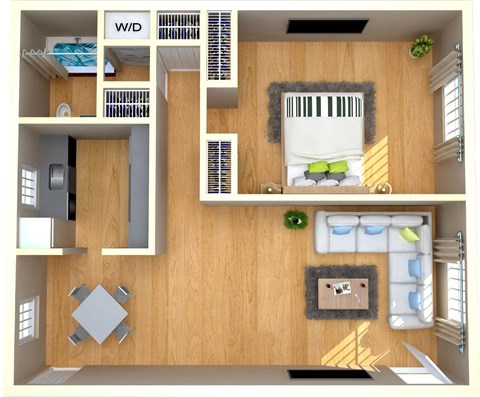 A 3D rendered image of a house layout with a bedroom, living room, and kitchen.