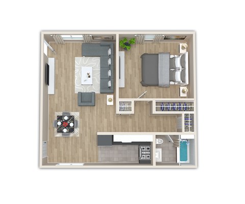 A top-down view of a living room, kitchen, and bedroom in a small apartment.