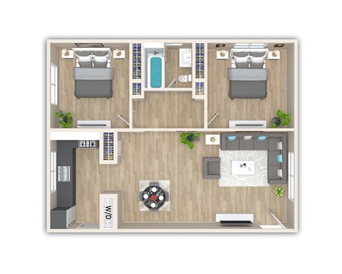 A floor plan of a house with two bedrooms, a living room, a kitchen, and a bathroom.