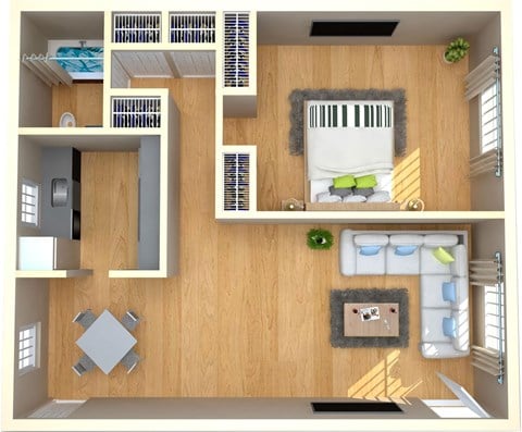 A 3D rendered image of a house layout.