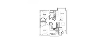 A floor plan of an apartment with two bedrooms, a living room, a bathroom, a kitchen, and a laundry area.