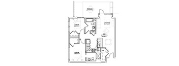 A floor plan of a house with two bedrooms, a living room, a bathroom, and a terrace.
