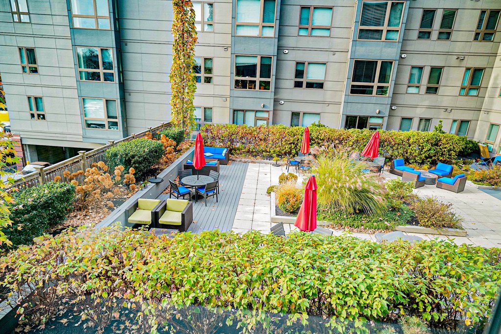 A patio with red umbrellas and a table surrounded by green plants.