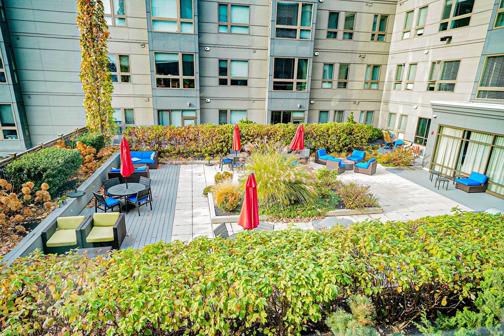 A patio with a table and chairs is surrounded by green shrubbery.