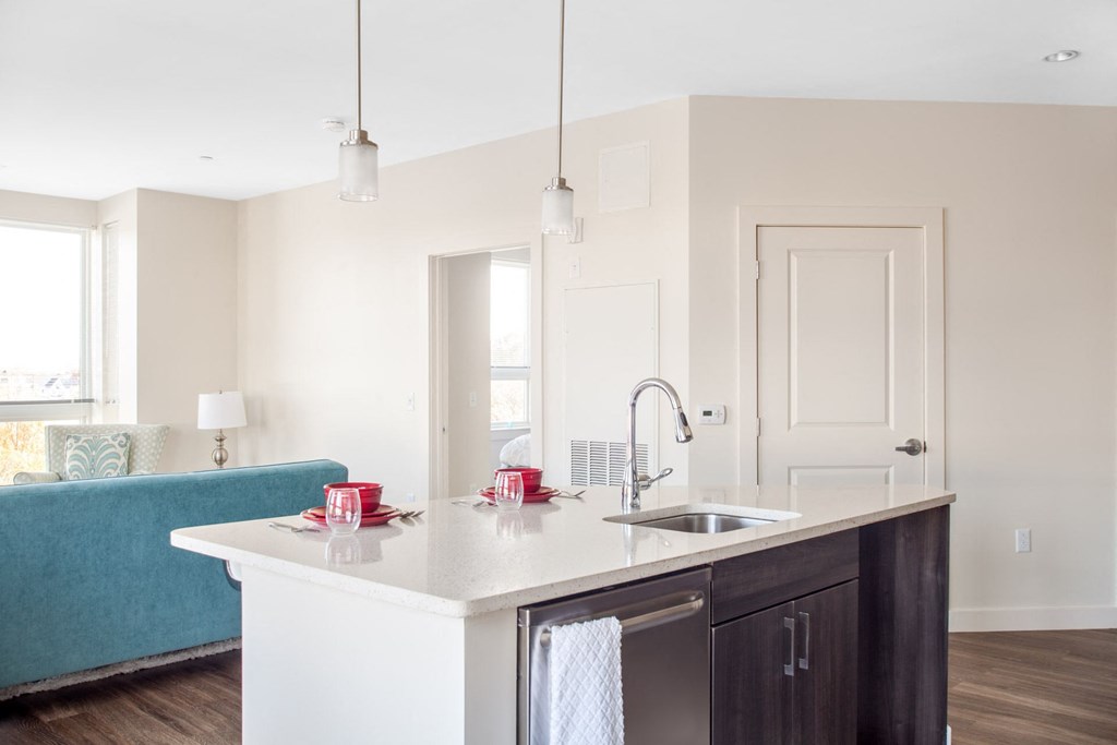 A kitchen with a white countertop and a blue sofa in the background.