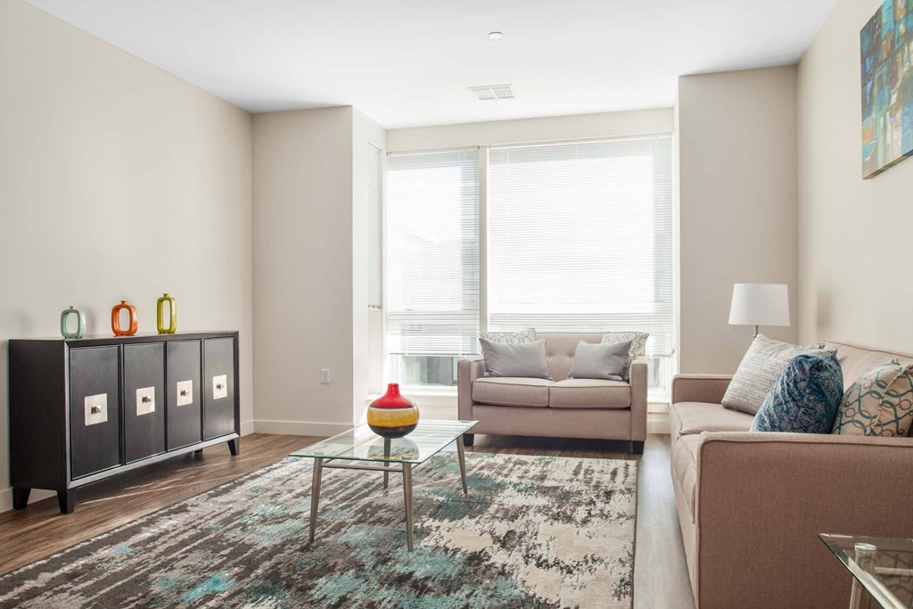 A living room with a couch, a chair, a table, and a rug.