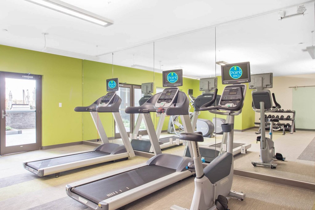 A gym with treadmills and exercise equipment.