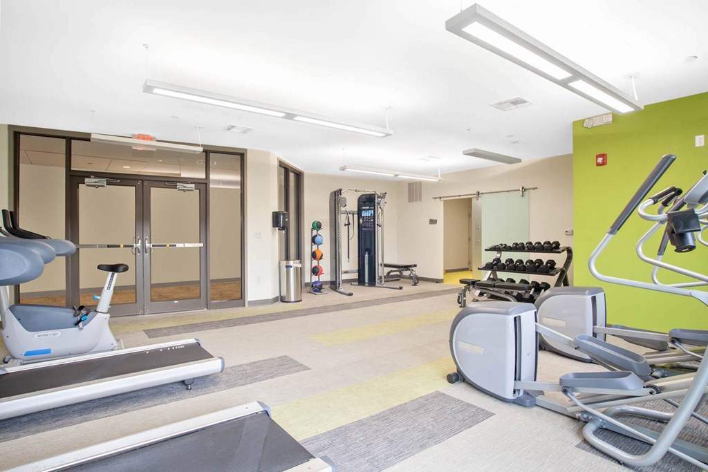 A gym with treadmills, elliptical machines and other exercise equipment.