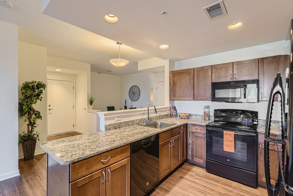 a kitchen with a granite counter top and black appliances