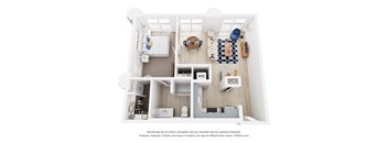 A 3D floor plan of a small one bedroom apartment with a kitchen, living room, and bathroom.