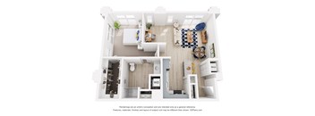 A 3D floor plan of a 1 bedroom apartment with a kitchen, living room, and bedroom, walk-in closet