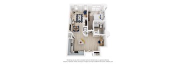 A 3D flooor plan of a small one bedroom apartment with a kitchen, living room, den and bathroom.
