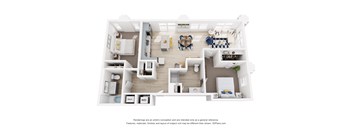 A 3D floor plan of a two bedroom apartment with two bathrooms