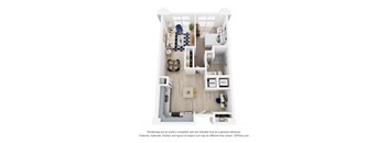 A 3D floor plan of a small one bedroom apartment with a kitchen, living room, den and bathroom.